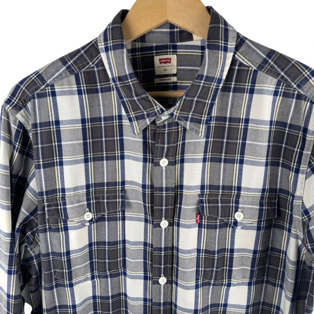 Levis Mens XL Standard Fit Plaid Flannel‎ Button Down Shirt Navy Grey White